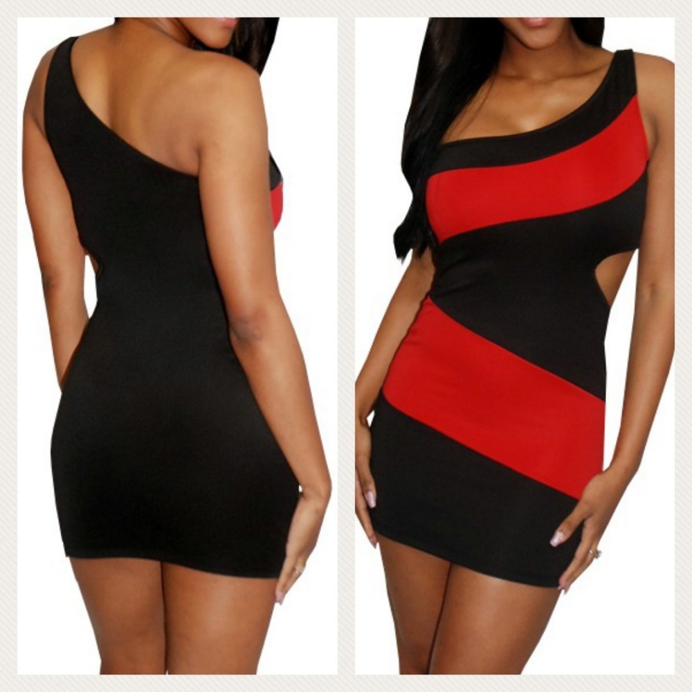 Red Black One Shoulder Cut Out Side Dress